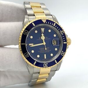 Rolex Submariner Date 40mm Blue Two-Tone 18K Yellow Gold Stainless Watch 16613