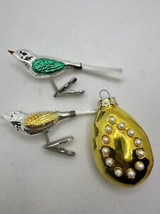 Vintage Hand Blown Glass Bird Clip On Ornaments Green Yellow Plus 1 More