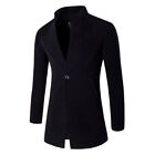 Men Winter Stand Collar Jacket One Button Coat Wool Blend Warm Trench Overcoat