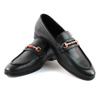 Men's Black Leather Dress Shoes Slip On Loafers With Gold Buckle Formal AZAR MAN