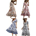 Women Midi Dress Floral Print V Neck A-line Big Swing Vacation Prom Party Dress
