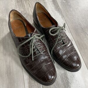 Joan David Circa Beauchamp Leather Brown Alligator Print Oxford Shoes 4.5