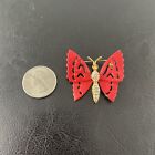 Vintage Signed Capri Butterfly Coral Enamel and Clear Crystals Brooch