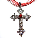 RED RIBBON ORNATE GOTHIC CROSS CHOKER cord crux crucifix necklace vampire W2