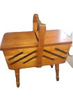 Vintage Wooden Accordion Fold Out 3-Tier SEWING Kit BOX STORAGE BASKET with Legs