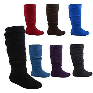 Women's Pull Up Flat Heel Wide Calf Mid Calf Casual Solid Color Boots Shoes NEW