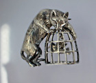 Vintage Jezlaine Sterling Silver 925 Brooch Cat w/ Swinging Bird in Cage, 11.22g