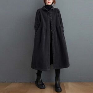Womens Single Breasted Corduroy Trench Coat  Fleece Lined Lapel Collar Outwear
