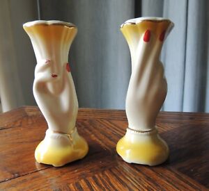 2 VINTAGE CERAMIC VASES with LADY'S HAND HOLDING TULIP VASE ~~ MATCHING PAIR 6