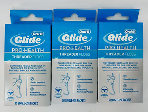 3-PACK Oral-B Glide Pro Health Threader Floss Single Use Packets 30 ct ForBraces