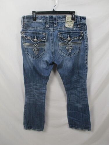 Y2K Rock Revival Jeans Womens 34 Blue Straight Leg Mid Medium Wash Denim Cotton