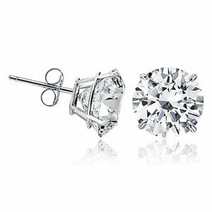 14K Solid White Gold Round Solitaire Cubic Zirconia Push Back Ear Stud Earrings