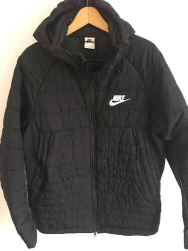 NIKE MENS L LARGE 40-42 BLACK HOODED QUILTED PUFFER JACKET COAT