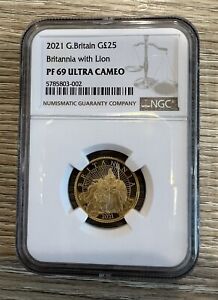 2021 UK G£25 GOLD PROOF BRITANNIA 1/4 OZ, PF69 Graded By NGC. With Box & Coa!