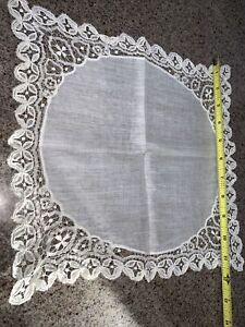 Antique Handmade Handkerchief with Brussels Point De Gaze Lace Edging Trim Ivory