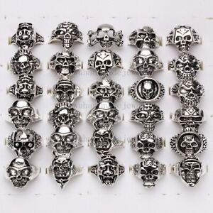 Wholesale lots 30pcs skull carved biker men Tibet silver P rings 17-20mm FREE