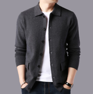 Mens Knit Sweater Cardigan Tops Casual Lapel Blend Thick Cashmere Knitwear Coat