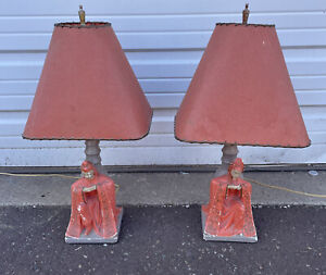 Pair of Vintage Mid Century Modern Chalkware Lamps Oriental Motif Pink Shades