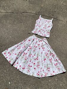 Vintage 1950s 60s cotton floral skirt and sleeveless button back top set xs xxs