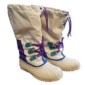 Vtg Sorel Freestyle Tall Lace Snow Boots Womens Size 6 White/Blue/Teal/Purple