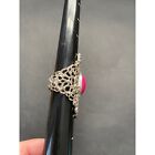 Filigree Silvertone and Pink Cabochon Stone Ring Size 8.5