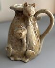 Unique CAT VASE Pitcher Jug MCM style green pottery handle two cats, 9 in tall