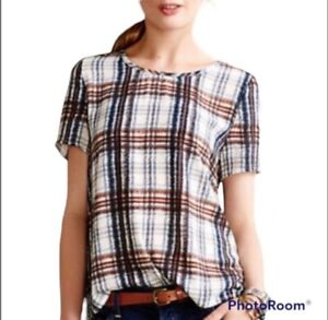 Anthropologie Maeve Blue, Brown and White Striped Split Back Blouse, Top Size‎ S
