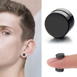 1Pair Magnetic Black Circle Stud Earrings Non-Piercing Clip On Fake Ear Gauges