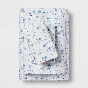 Queen 400 Thread Count Floral Print Cotton Performance Sheet Set White/Blue