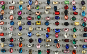 Bulk Mixed Lots 32pcs Wholesale Women Rings Colorful Glass Silver Plated Ring