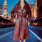 Vintage Genuine Leather Belted Trench Spy Gangster Long Coat M Cherry Red-Maroon