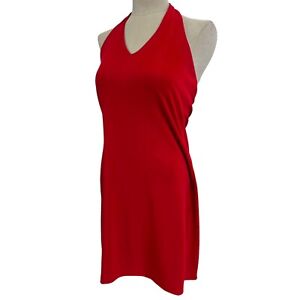 90s Halter Mini Dress Cherry Red Backless V Neck Stretchy Classic Minimalist M
