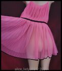Bright PINK Vintage SHEER Sweep CHIFFON Pleated BABYDOLL Short Gown ~L/XL
