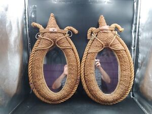 1950 Pair of Important Audoux Minet Oval Rope & Leather Mirrors TBE