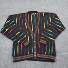 VINTAGE Alan Stuart Sweater Mens Large Black Rainbow 3D Knit Abstract Cardigan