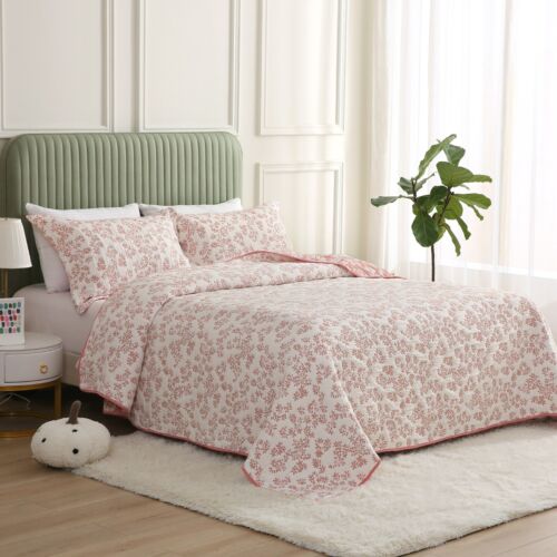 Jacquard Embroidered Stitching Soft Bedding Summer Solid Quilt Set, Pink Floral