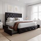 Queen Size Storage Bed Frame with 4 Drawers, Adjustable Headboard, Black Brown