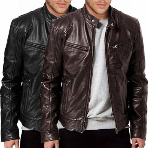 Fall Winter Men Vintage Leather Collar Cool Club Coat Jacket With Zip Pockets