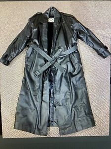 Vintage Long Leather Trench Coat Black Phase 2 Double Breast Zip Liner SizeLarge