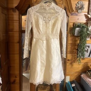 XS Extra Small Antique Hand Sewn Satin Wedding Dress Gown Silk Lace Beads Pretty