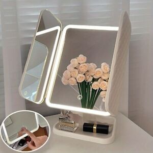 Tri-Fold White LED Makeup Mirror with Touch Control Screen