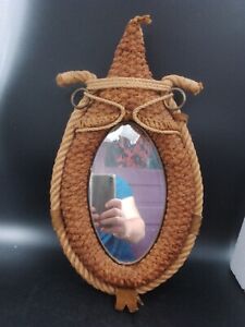 Small oval wall mirror H 43 cm Audoux Minet in rope and leather TBE 1950