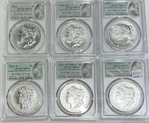 2021 MORGAN AND PEACE DOLLAR 6 COIN SET 1ST DAY ISSUE PCGS MS 70