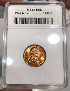 1972-D Lincoln Cent graded MS64RD by ANACS Soapbox Holder SPOTS