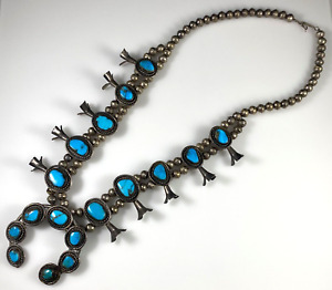 Native Squash Blossom Turquoise Necklace Vintage Sterling Silver 136.3g