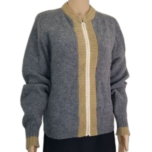 60s Vintage Mohair Wool Gray Zip Up Cardigan Sweater Long Sleeve Crewneck Small