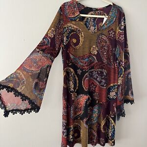 MSK Boho Dress XL  Multicolor Paisley Sheer  Fluted Long Sleeve Lace Kaftan