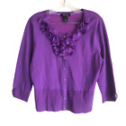 White House Black Market Womens Cardigan Sweater Size L Purple Ruffle 3/4 Sleeve