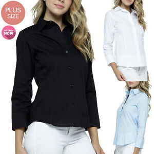 Womens 3/4 Sleeve Premium Cotton Stretchy Button Down Collar Office Shirt Blouse