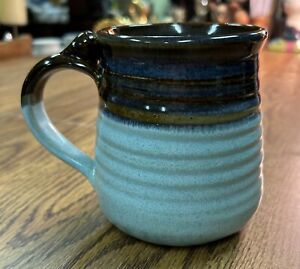 Hand Thrown Pottery Mug w/Ripple Design Shades Of Browns & Blues Signed
